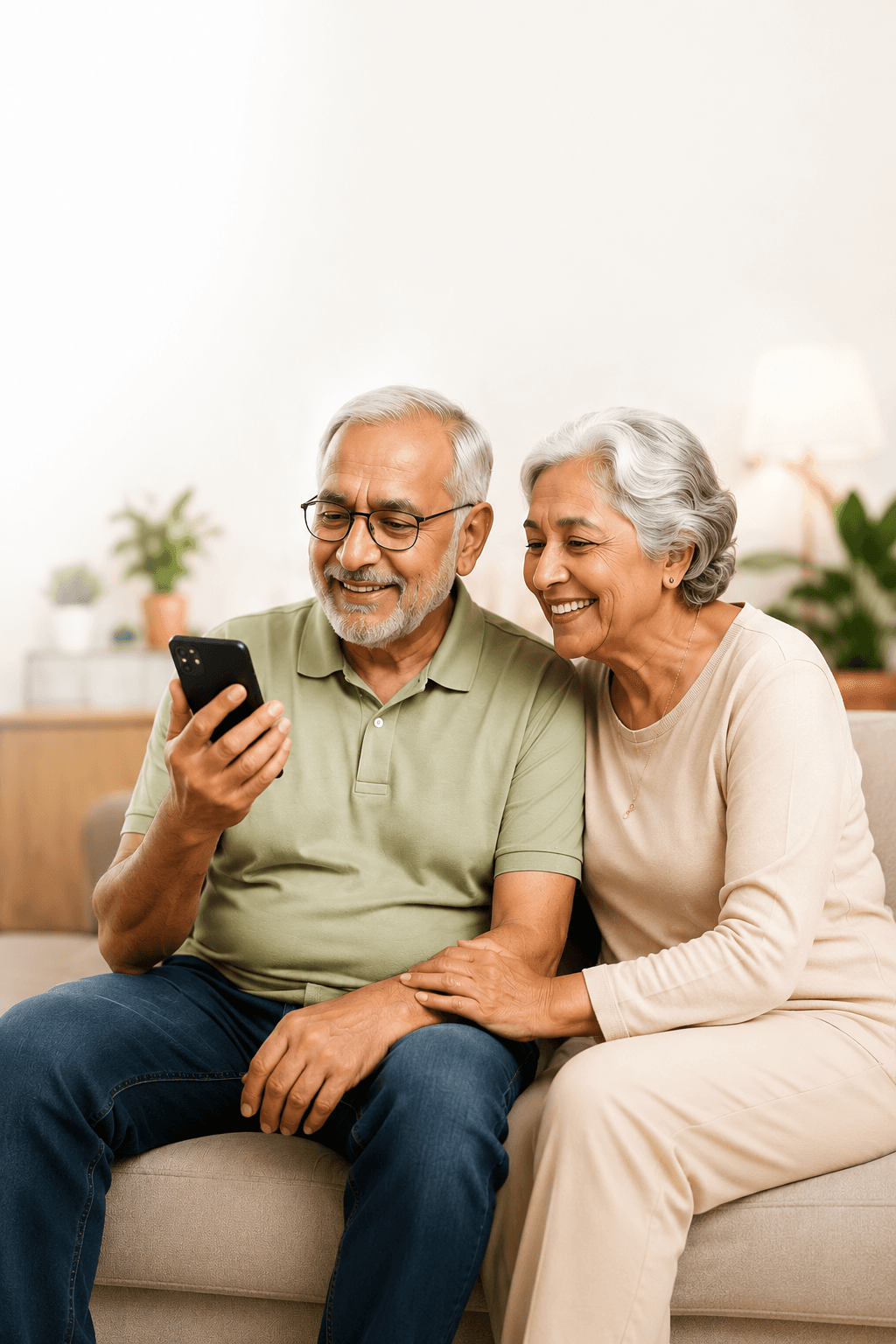Older couple smiling while looking at a smartphone together